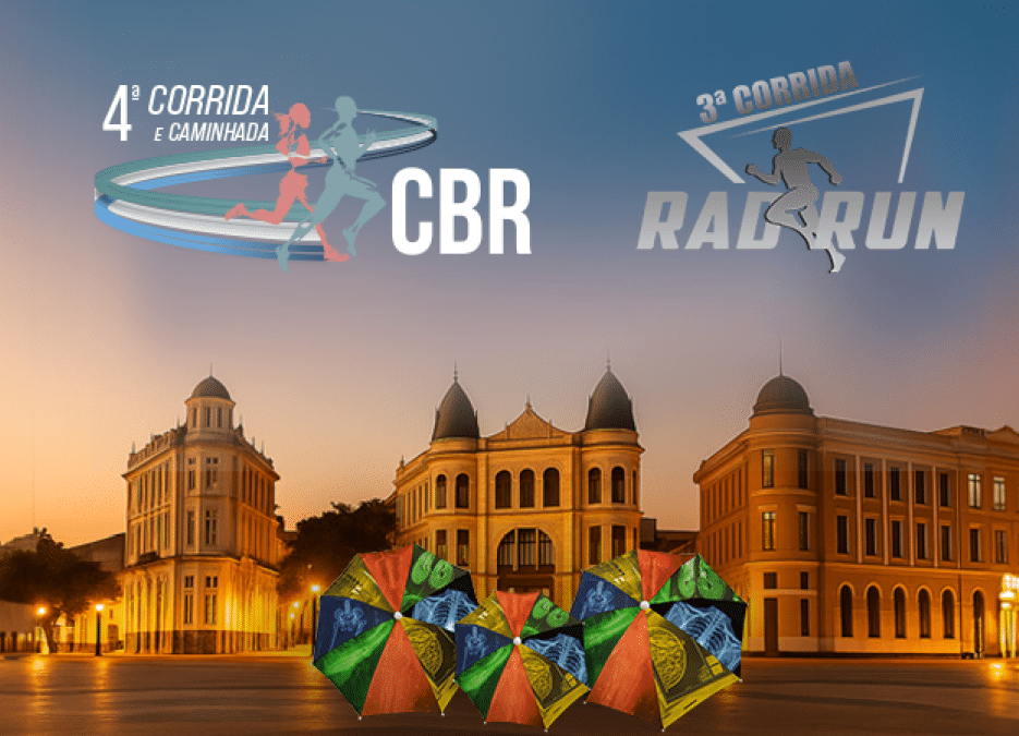 Pr dios hist ricos ao entardecer com logos de corridas e guarda-chuvas coloridos na parte inferior da imagem. Descri  o gerada por IA