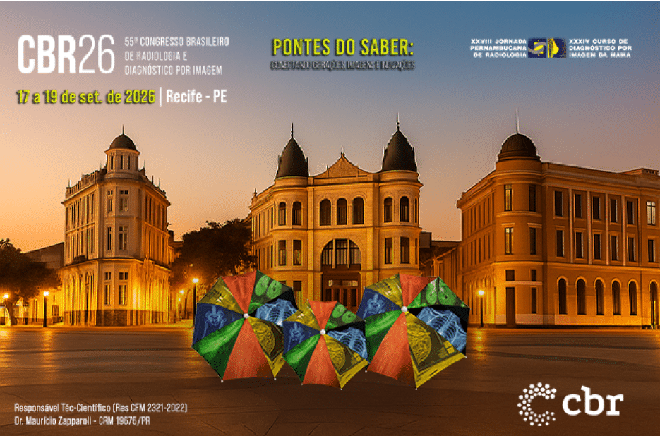 Cartaz promocional do 26º Congresso Brasileiro de Radiologia e Diagn stico por Imagem com edif cios hist ricos iluminados ao entardecer e guarda-chuvas coloridos no centro. Descri  o gerada por IA