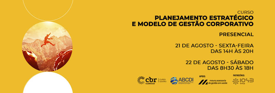 Curso presencial de planejamento estrat gico e modelo de gest o corporativo com datas e hor rios destacados em fundo amarelo e imagem de pessoa pulando entre montanhas. Descri  o gerada por IA