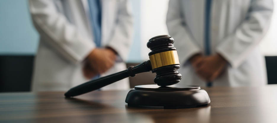 Dois adultos vestidos com jalecos brancos est o em p atr s de um martelo de juiz sobre uma mesa em um ambiente que sugere uma combina  o de medicina e justi a.  Descri  o gerada por IA