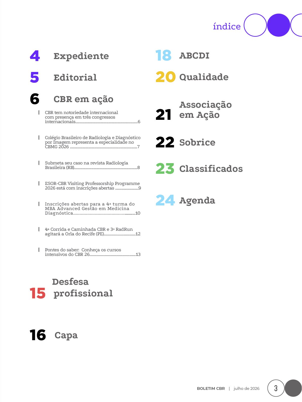 P gina de ndice colorida de uma publica  o com t tulos e n meros de p ginas em diferentes cores e fontes, destacando se  es como expediente, editorial, a  es da CBN, defesa profissional, capa, qualidade, associa  o em a  o, sobrice, classificados e agenda.  Descri  o gerada por IA