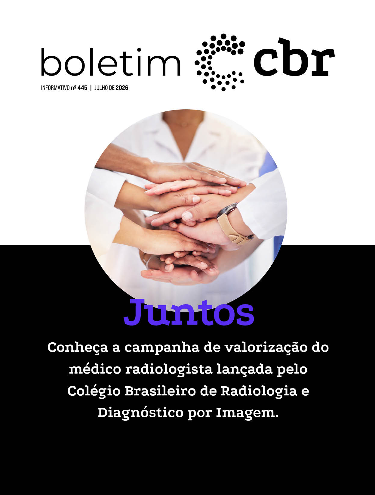 M os de v rias pessoas sobrepostas em sinal de uni o com texto sobre campanha de valoriza o do m dico radiologista lan ada pelo Col gio Brasileiro de Radiologia e Diagn stico por Imagem.  Descri  o gerada por IA
