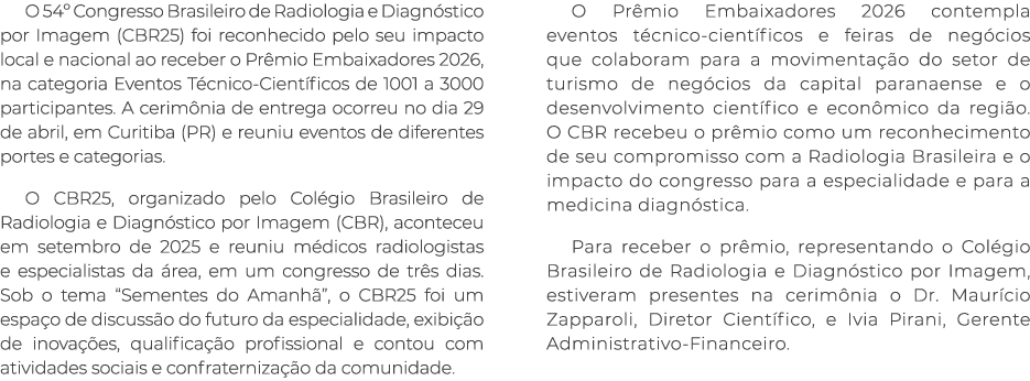 O 54º Congresso Brasileiro de Radiologia e Diagn stico por Imagem (CBR25) foi reconhecido pelo seu impacto local e na...