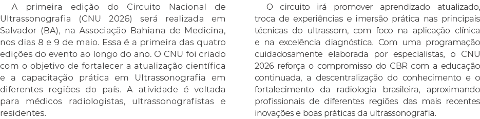 A primeira edi o do Circuito Nacional de Ultrassonografia (CNU 2026) ser  realizada em Salvador (BA), na Associa  o ...