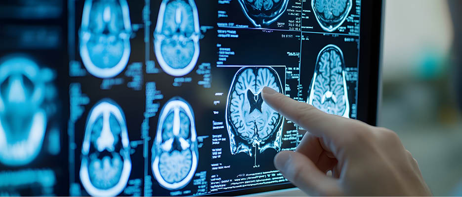 Close-up view of a digital brain tomography scan displayed on a medical radiology monitor,used by doctors and professionals for neurological examination,diagnosis.